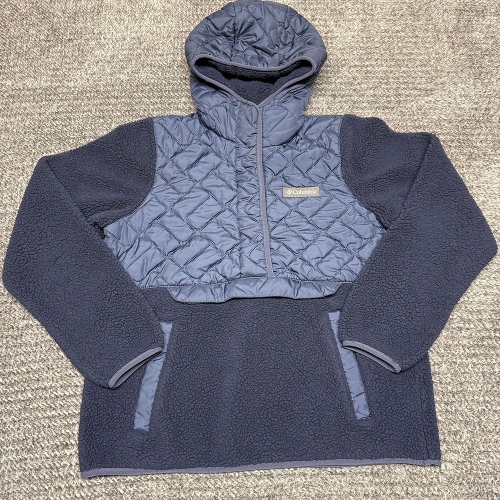 Columbia Pullover Hoodie Size S Blue Quilted Sherpa Fleece Snap Neck Jacket
